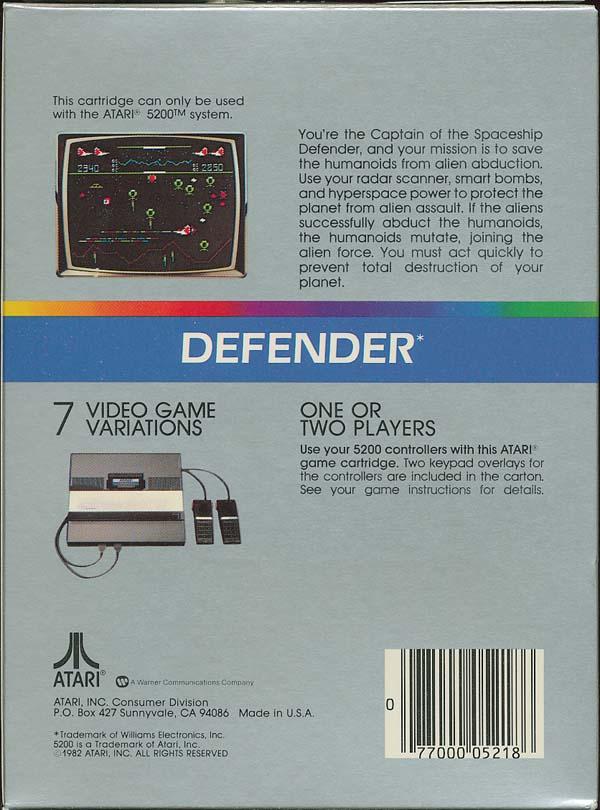 Defender (1982) (Atari) Box Scan - Back